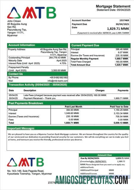imprimível Modelo Word e PDF de extrato de hipoteca do Banco de Turismo de Mianma